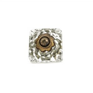 Square Patterned Clear Glass Knob  – Antique Gold