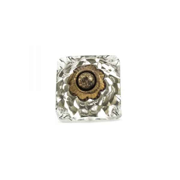 Square Patterned Clear Glass Knob  – Antique Gold