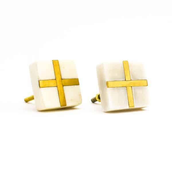 White Square Marble and Brass Intercross Knob - White Square Marble and Brass Intercross Knob