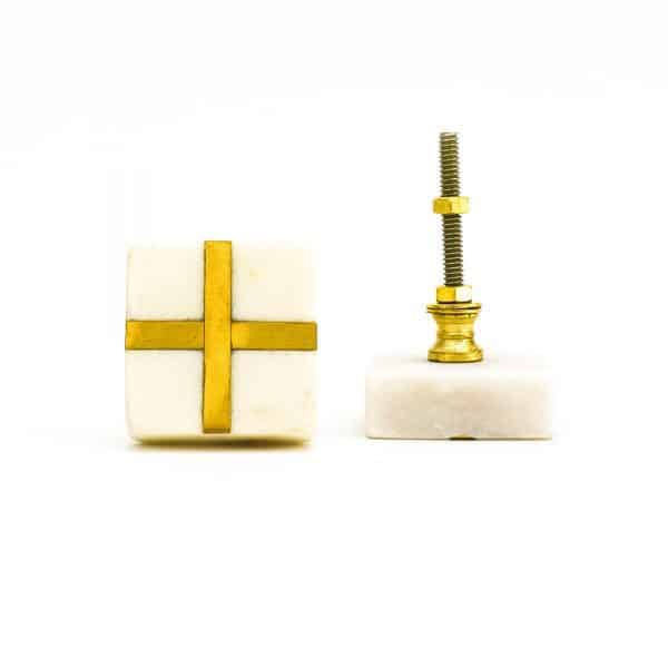 White Square Marble and Brass Intercross Knob - White Square Marble and Brass Intercross Knob