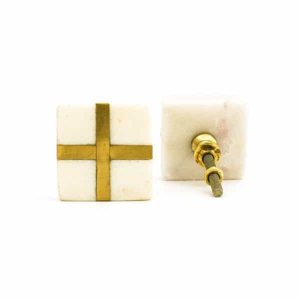 White Square Marble and Brass Intercross Knob - White Square Marble and Brass Intercross Knob
