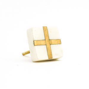 White Square Marble and Brass Intercross Knob