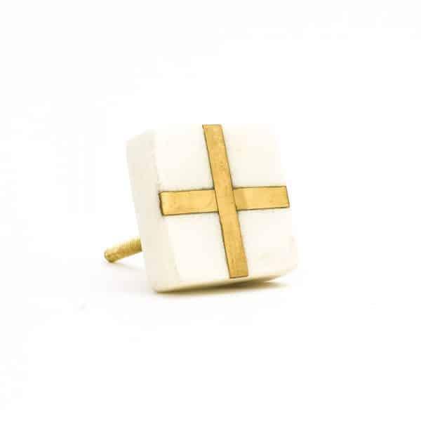 White Square Marble and Brass Intercross Knob - White Square Marble and Brass Intercross Knob