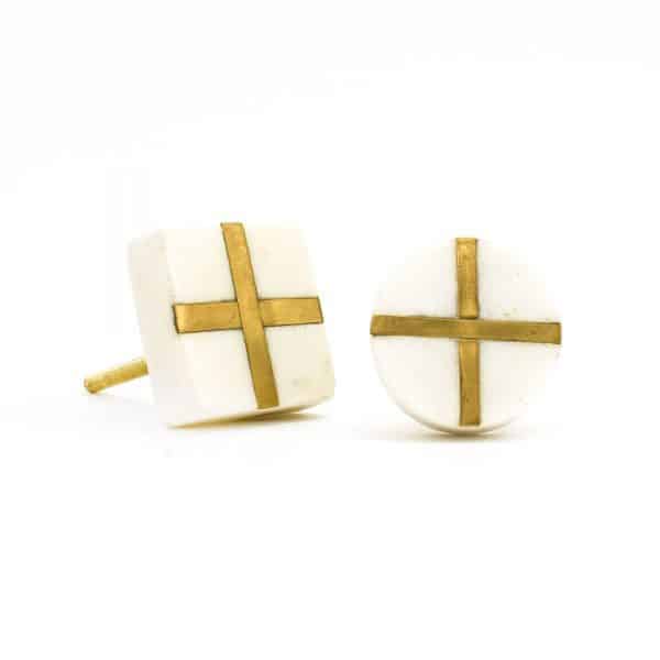 White Square Marble and Brass Intercross Knob - White Square Marble and Brass Intercross Knob